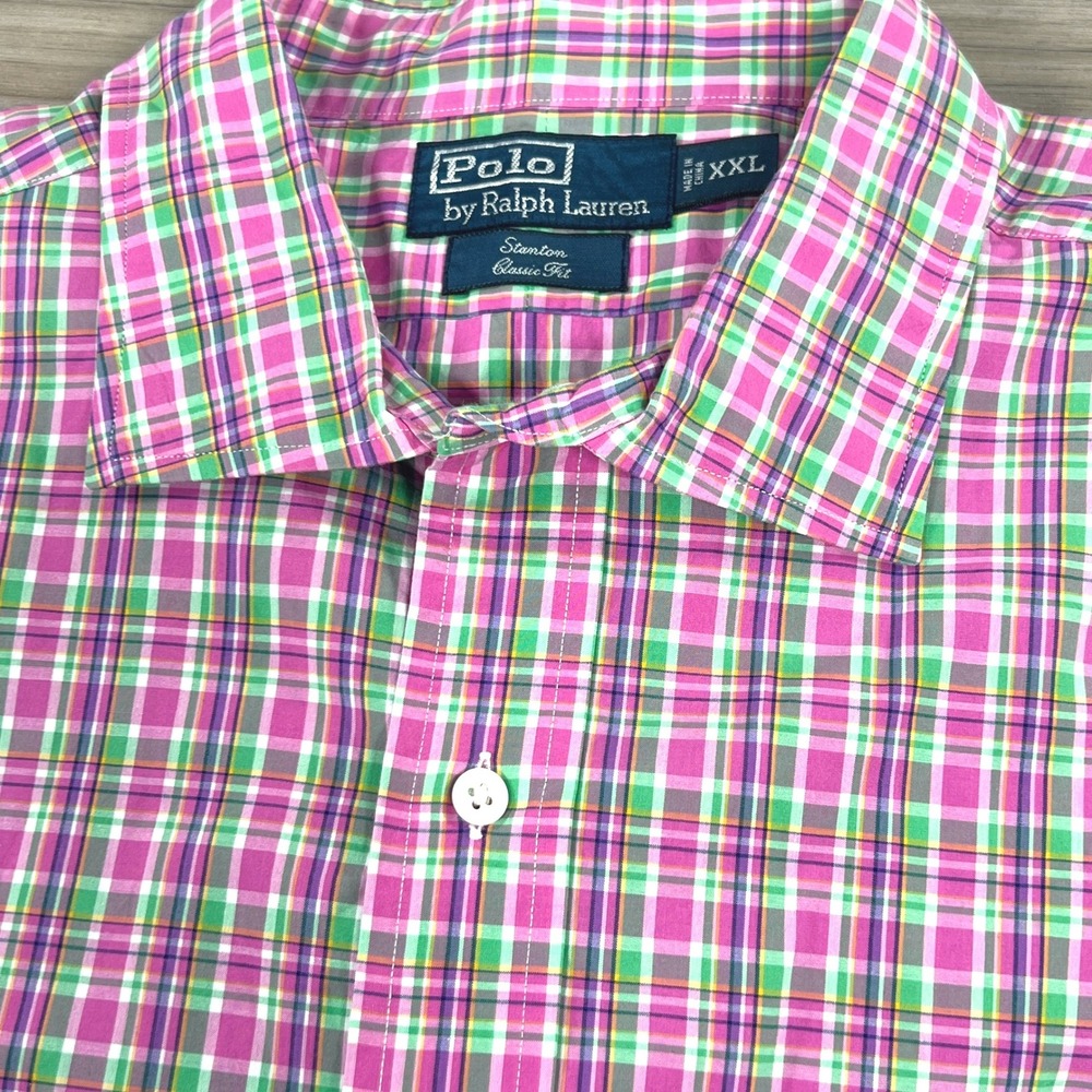 Polo Ralph Lauren Stanton Shirt Mens XXL Pink Green Plaid Classic Fit Cotton